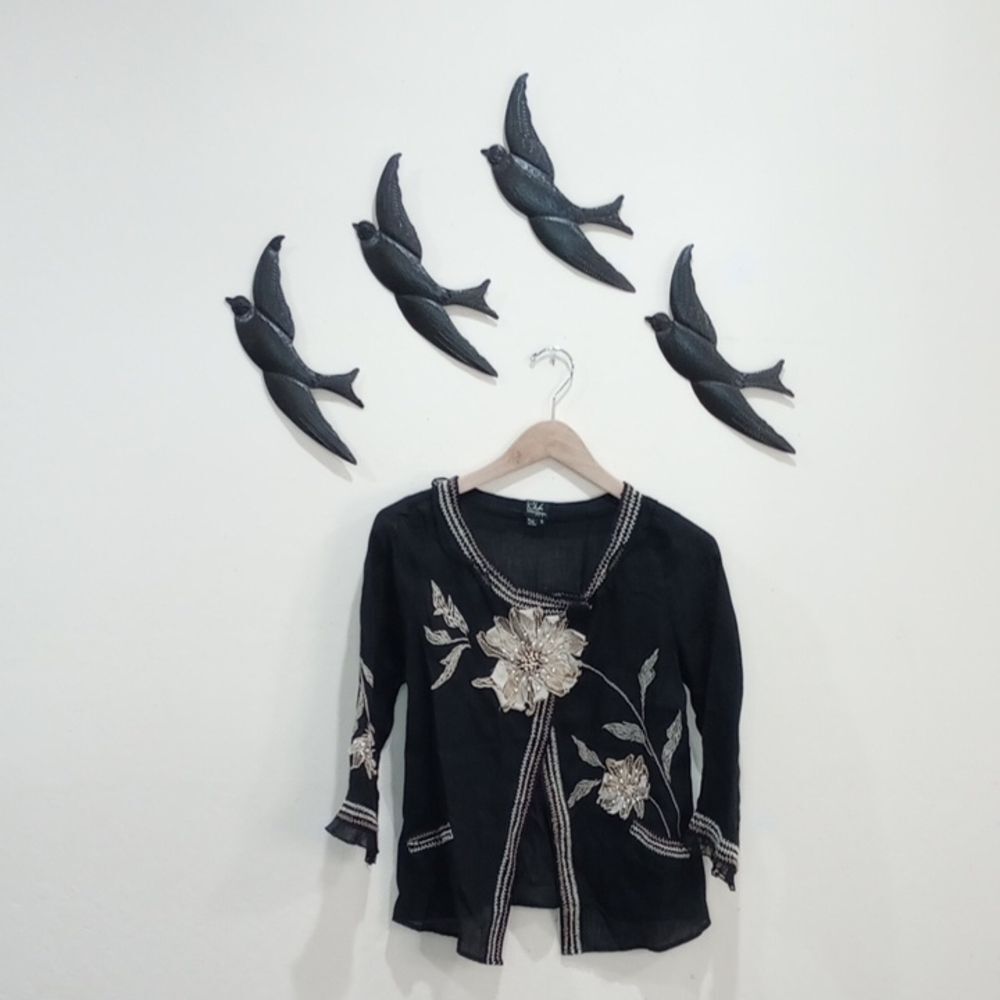 CoVelo Black Linen Floral Jacket Cardigan - Size 6 - Vintage!